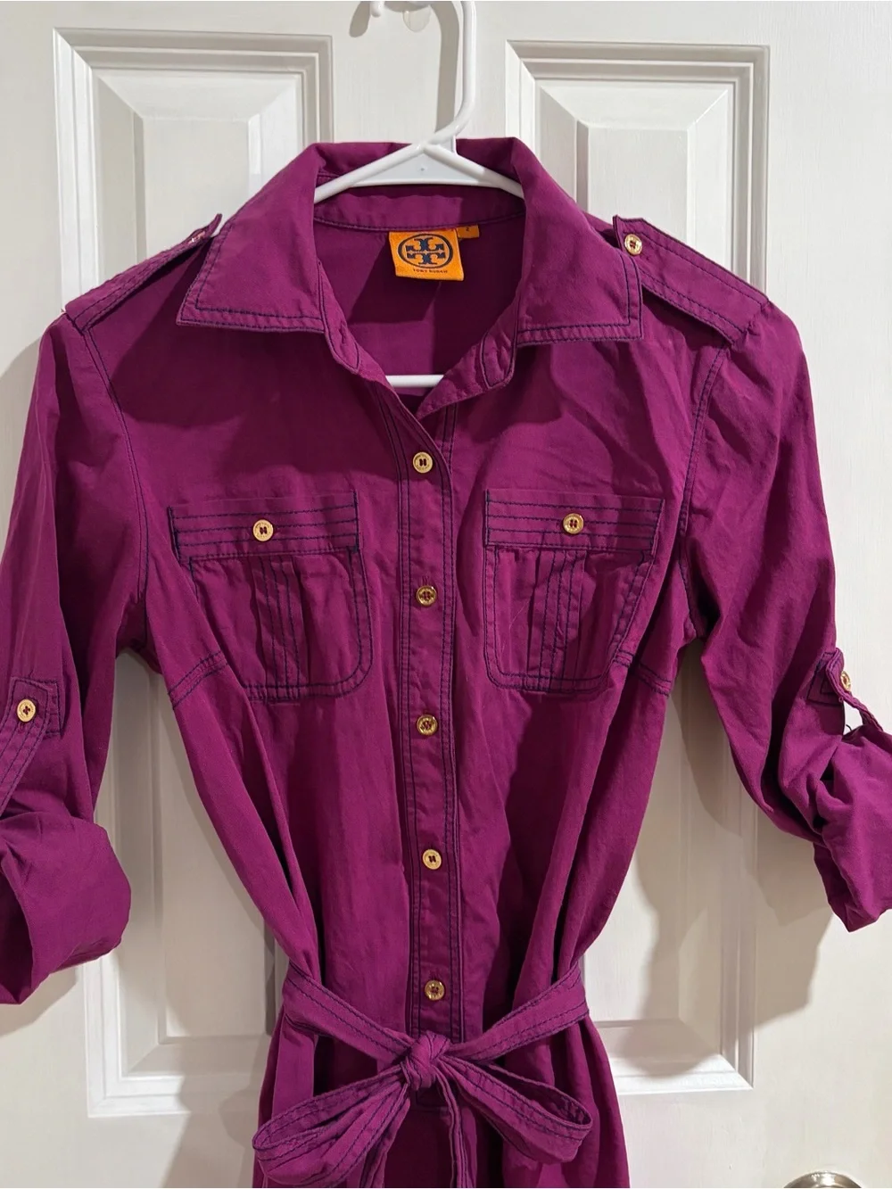 Tory Burch Deep Magenta Shirt Dress with Tie Waist